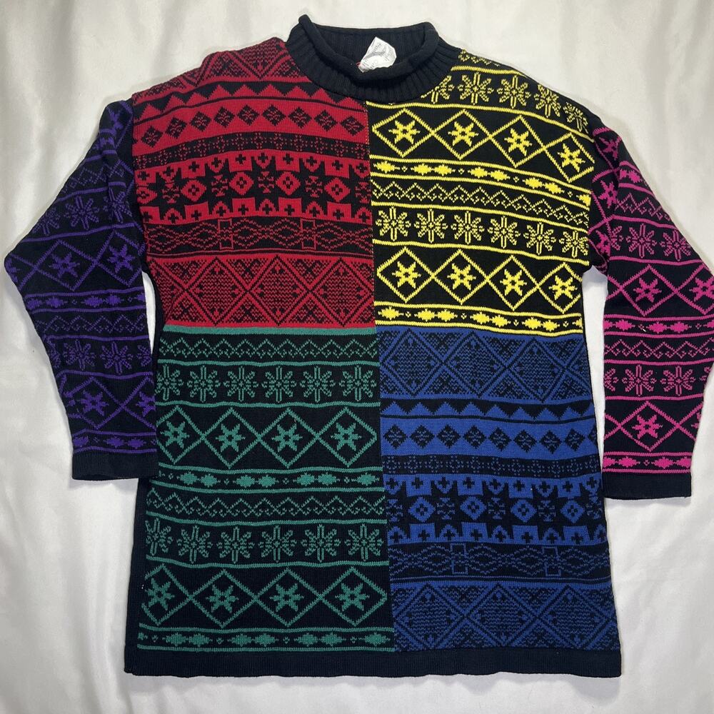 Vtg Esprit Knit Sweater Womens Size S Colorful Pattern Winter Roll Neck Cotton